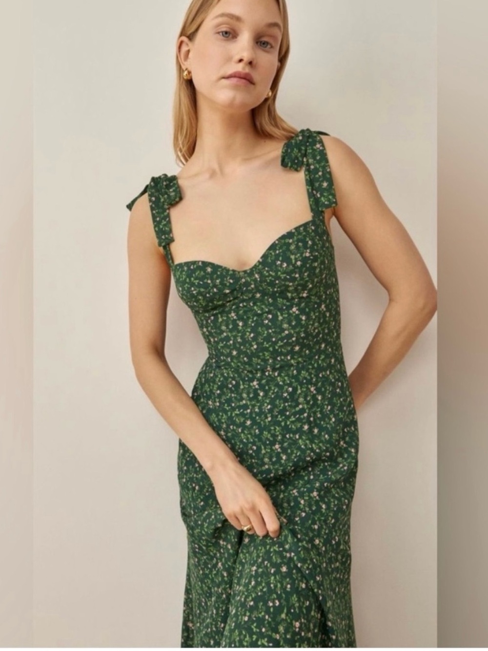 Reformation Nadira Green Flower Midi Dress